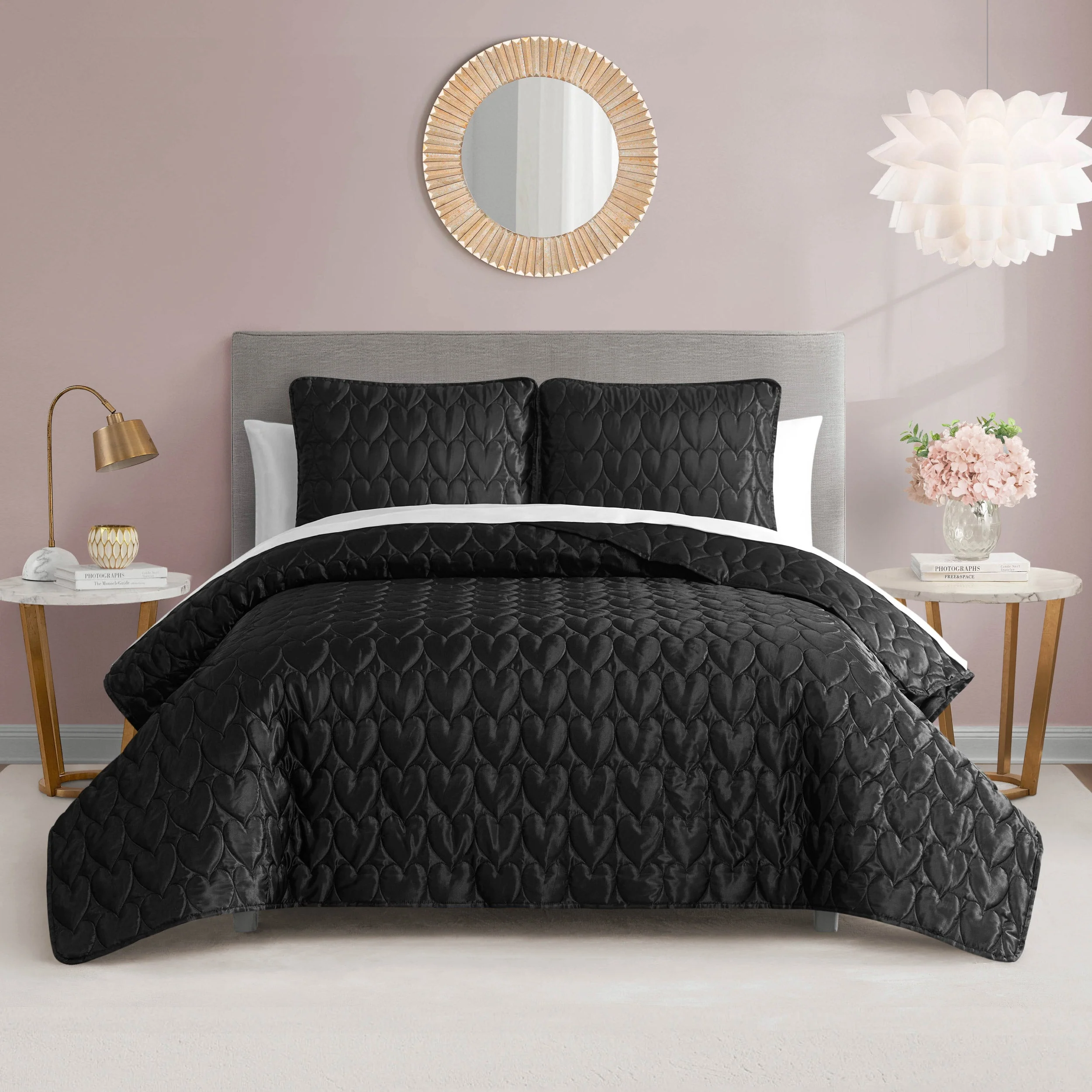 Satin Heart Stitched Quilt Set